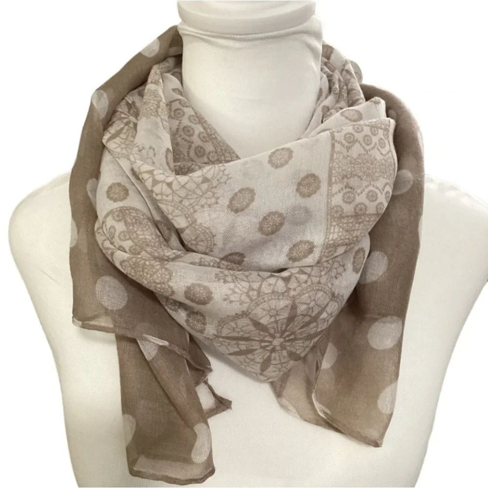 Polka Dot and Lace Mandala Print Lightweight Scarf Taupe Cream NEW approx 19X73